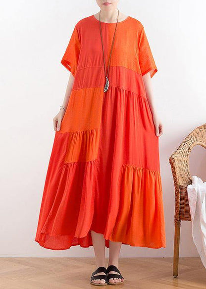 Handmade O Neck Patchwork Cotton Clothes for Catwalk Orange Long Dress