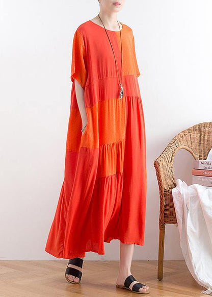 Handmade O Neck Patchwork Cotton Clothes for Catwalk Orange Long Dress