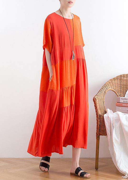 Handmade O Neck Patchwork Cotton Clothes for Catwalk Orange Long Dress