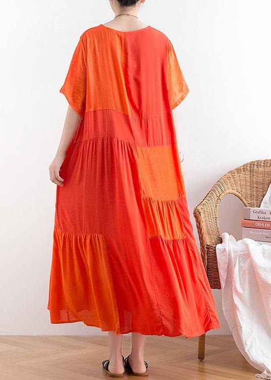 Handmade O Neck Patchwork Cotton Clothes for Catwalk Orange Long Dress