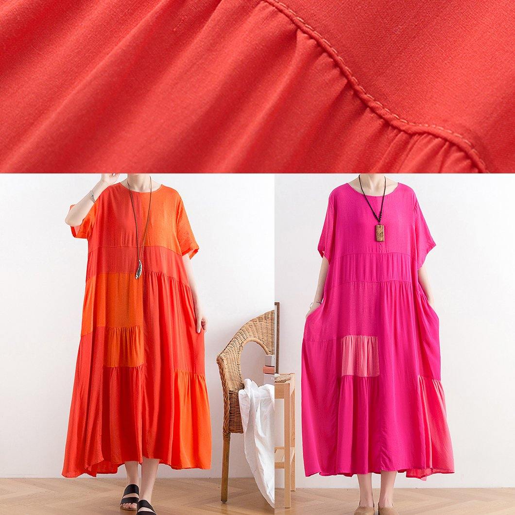 Handmade O Neck Patchwork Cotton Clothes for Catwalk Orange Long Dress