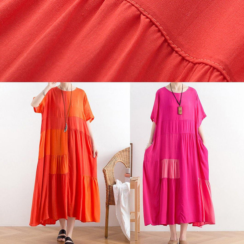 Handmade O Neck Patchwork Cotton Clothes for Catwalk Orange Long Dress