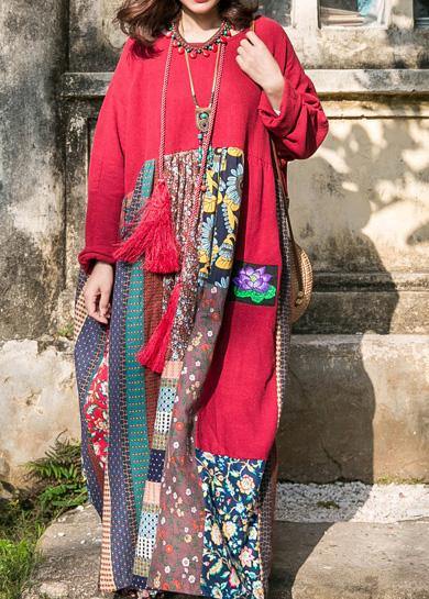 Handmade O Neck Patchwork Cotton Linen Clothes Neckline Red Dresses Spring