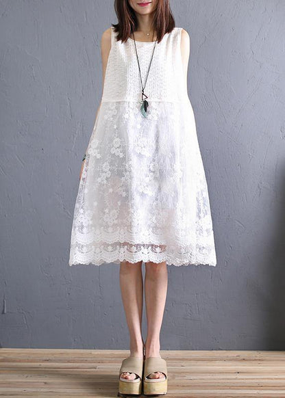 Handmade O Neck Patchwork Linen Lace Clothes Inspiration Beige Dress