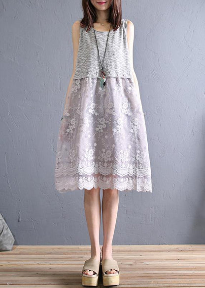 Handmade O Neck Patchwork Linen Lace Clothes Inspiration Beige Dress