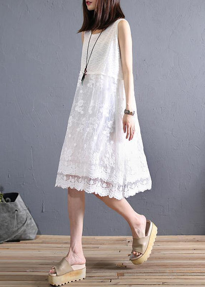 Handmade O Neck Patchwork Linen Lace Clothes Inspiration Beige Dress