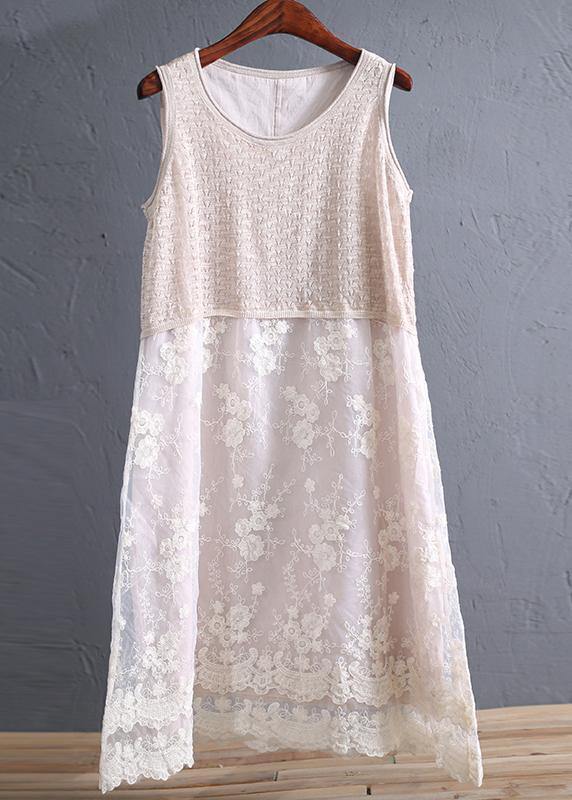 Handmade O Neck Patchwork Linen Lace Clothes Inspiration Beige Dress