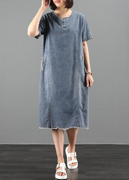 Handmade O Neck Pockets Wardrobes Fabrics Denim Blue Dresses
