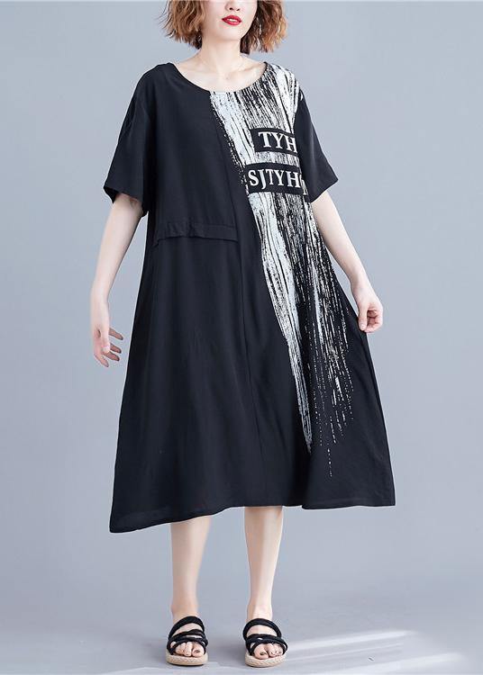 Handmade O Neck Pockets Cotton Dresses Black Print Maxi Dresses Summer