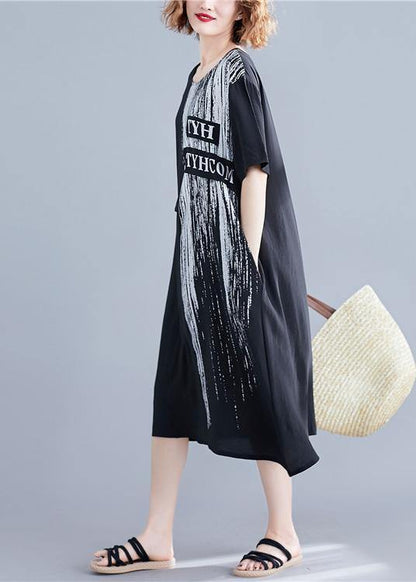 Handmade O Neck Pockets Cotton Dresses Black Print Maxi Dresses Summer
