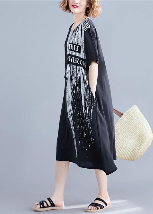 Handmade O Neck Pockets Cotton Dresses Black Print Maxi Dresses Summer