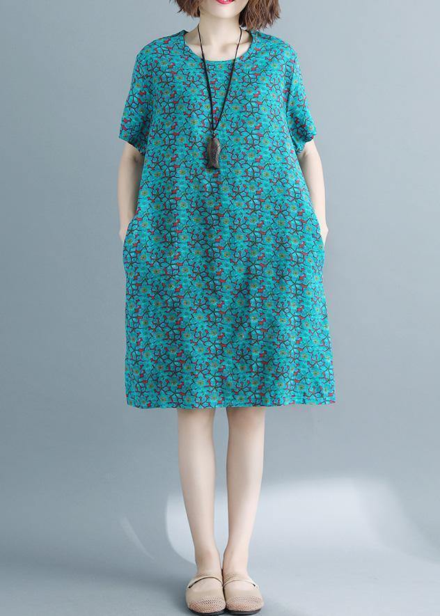 Handmade O Neck Pockets Cotton Linen Outfit Green Print Dresses Summer