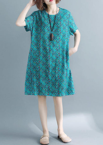 Handmade O Neck Pockets Cotton Linen Outfit Green Print Dresses Summer