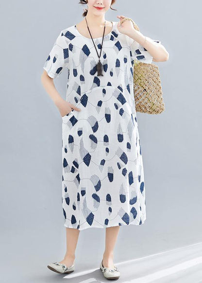 Handmade O Neck Pockets Linen Dresses Sewing Navy Print Dress Summer