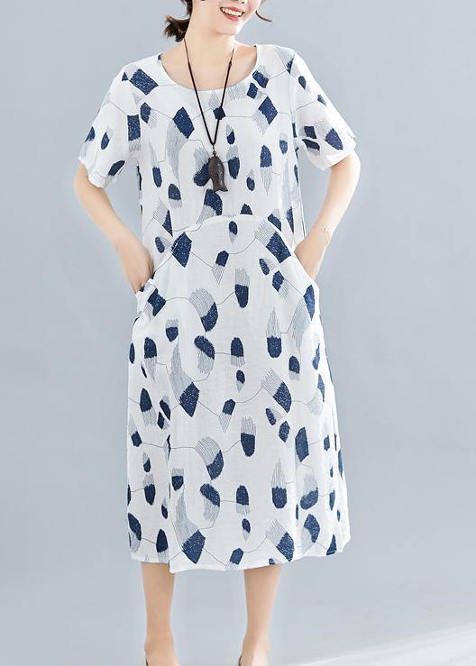 Handmade O Neck Pockets Linen Dresses Sewing Navy Print Dress Summer
