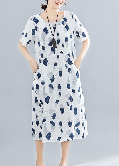 Handmade O Neck Pockets Linen Dresses Sewing Navy Print Dress Summer
