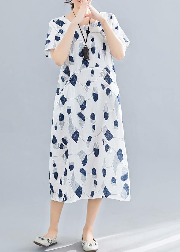 Handmade O Neck Pockets Linen Dresses Sewing Navy Print Dress Summer