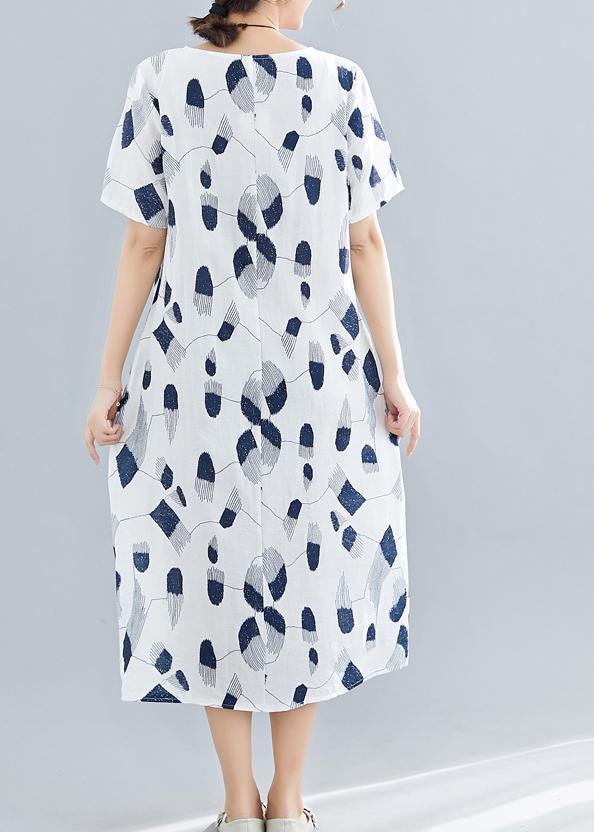 Handmade O Neck Pockets Linen Dresses Sewing Navy Print Dress Summer