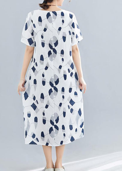 Handmade O Neck Pockets Linen Dresses Sewing Navy Print Dress Summer
