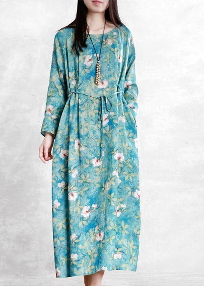 Handmade O Neck Tunic Linen Dress Work Outfits Green Print Dresses