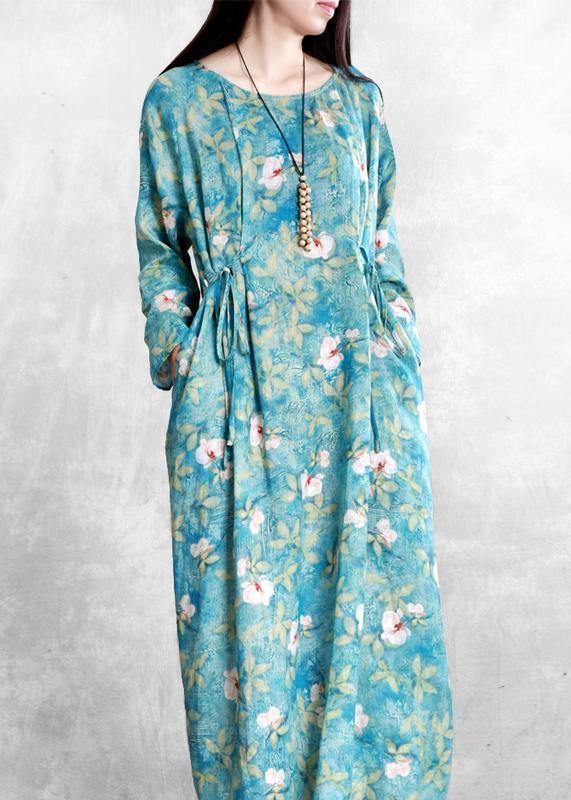 Handmade O Neck Tunic Linen Dress Work Outfits Green Print Dresses