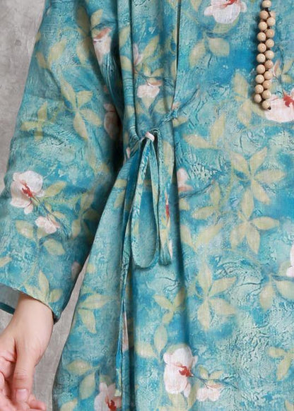 Handmade O Neck Tunic Linen Dress Work Outfits Green Print Dresses