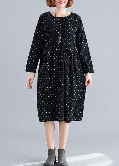Handmade O Neck Cinched Cotton Spring Tunics Pattern Black Dotted Dress