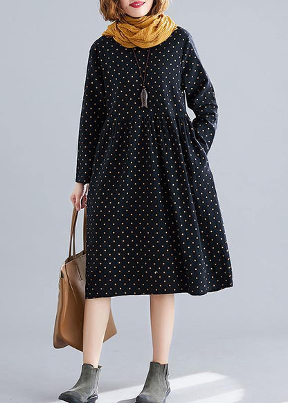 Handmade O Neck Cinched Cotton Spring Tunics Pattern Black Dotted Dress