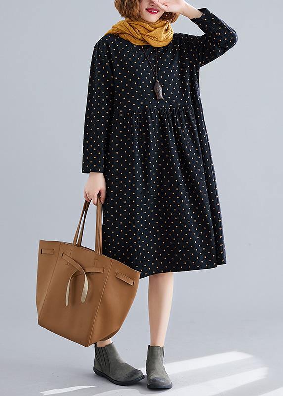 Handmade O Neck Cinched Cotton Spring Tunics Pattern Black Dotted Dress