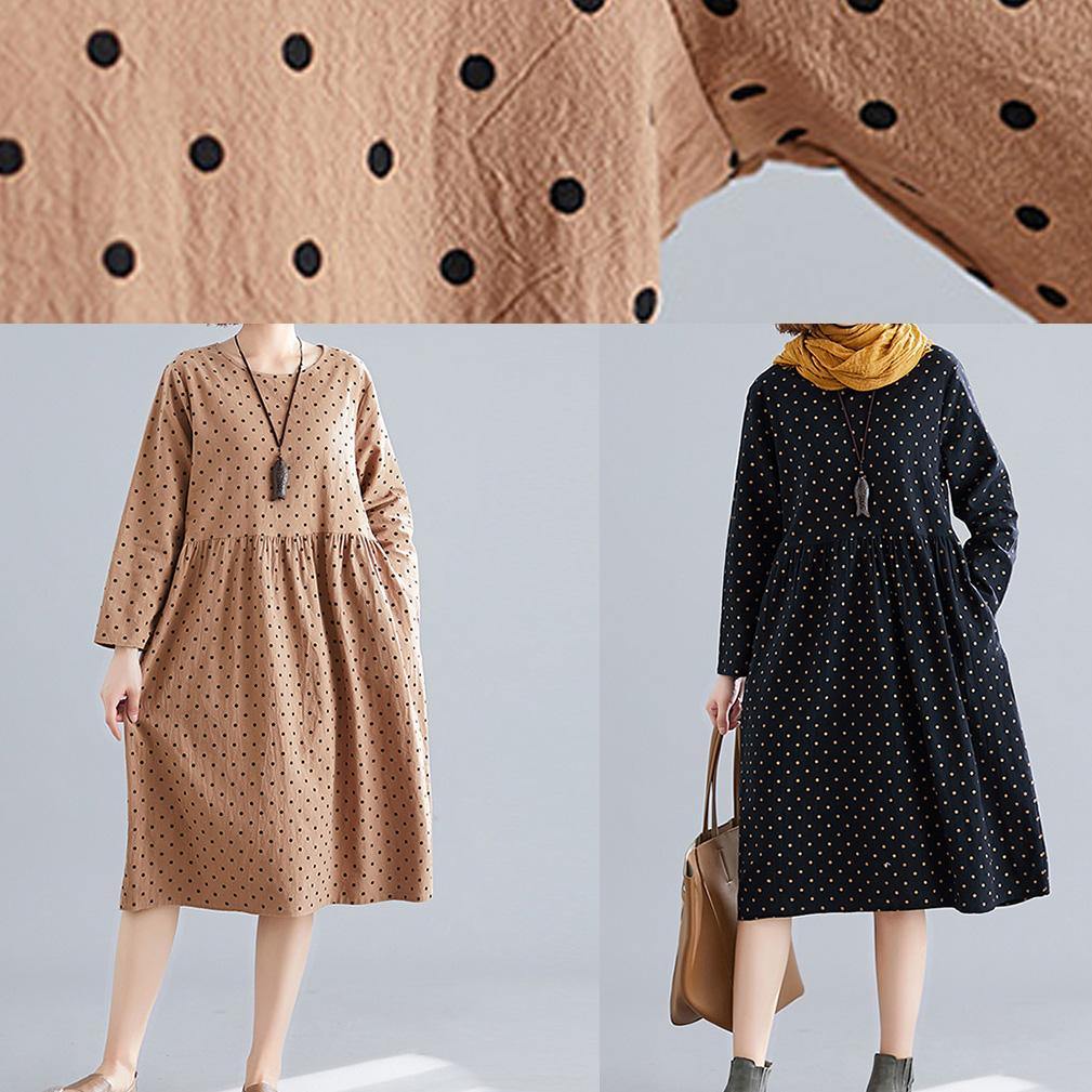 Handmade O Neck Cinched Cotton Spring Tunics Pattern Black Dotted Dress