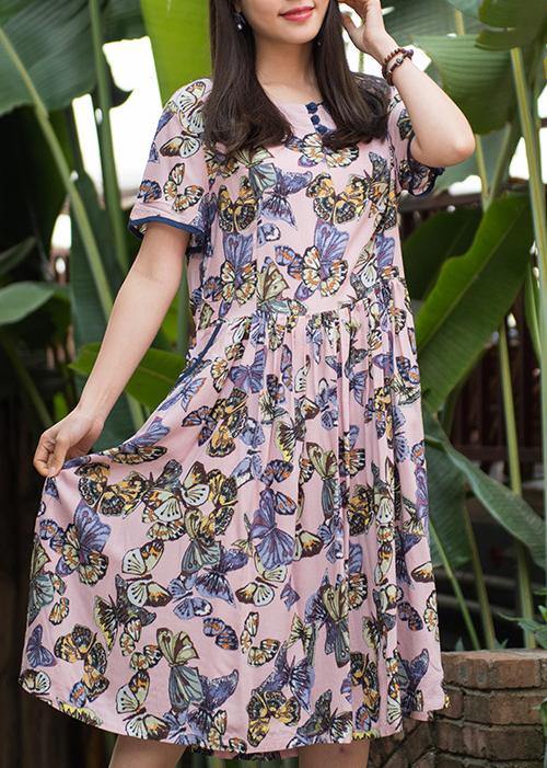 Handmade O Neck Cinched Cotton Dresses Sleeve Pink Print Dress Summer