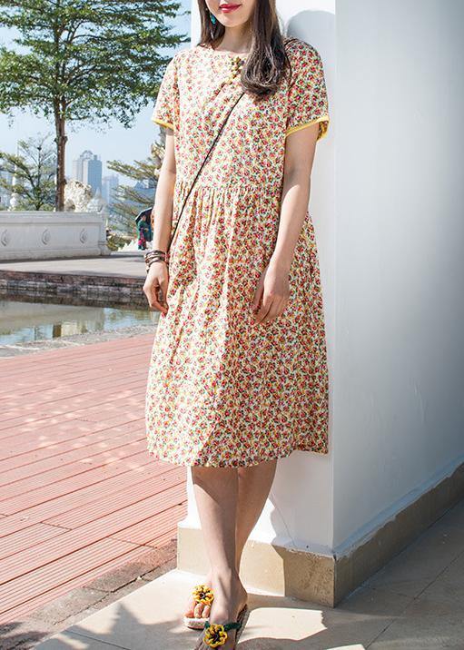 Handmade O Neck Cinched Cotton Dresses Sleeve Pink Print Dress Summer