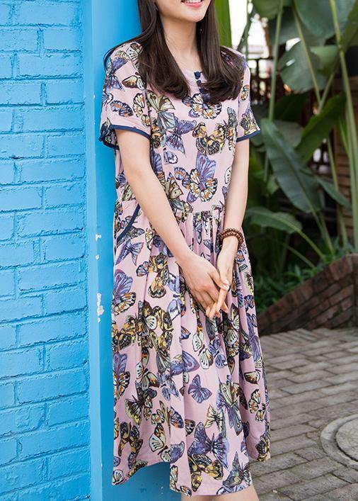Handmade O Neck Cinched Cotton Dresses Sleeve Pink Print Dress Summer