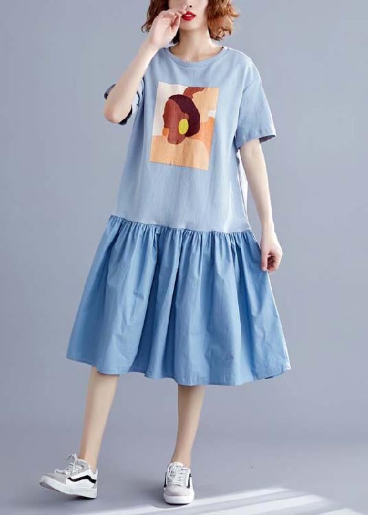 Handmade O Neck Cinched Linen Cotton Blue Print Dresses Summer