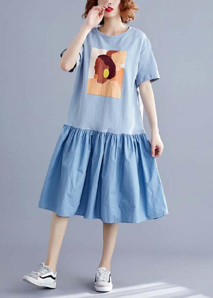 Handmade O Neck Cinched Linen Cotton Blue Print Dresses Summer