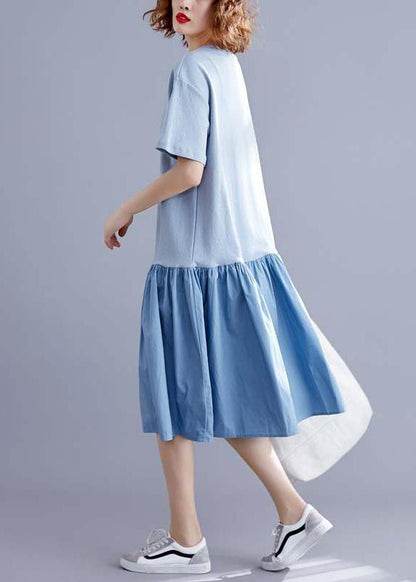 Handmade O Neck Cinched Linen Cotton Blue Print Dresses Summer