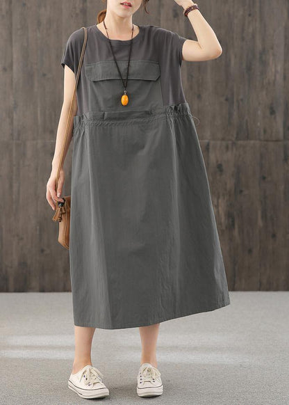 Handmade O Neck Cinched Quilting Clothes Inspiration Dark Gray Maxi Dress