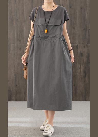 Handmade O Neck Cinched Quilting Clothes Inspiration Dark Gray Maxi Dress