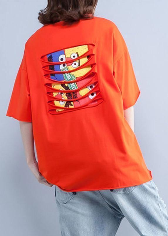 Handmade Orange Cotton Clothes for Prints O Neck Short Summer Shirt