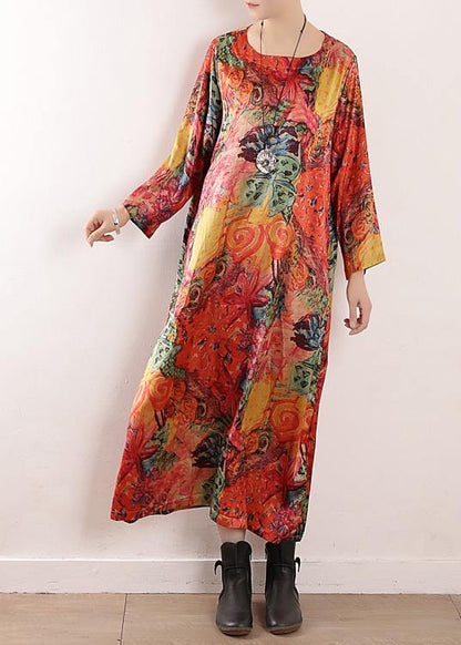 Handmade Orange Print Chiffon Robes Korea Wardrobes O Neck Maxi Fall Dresses