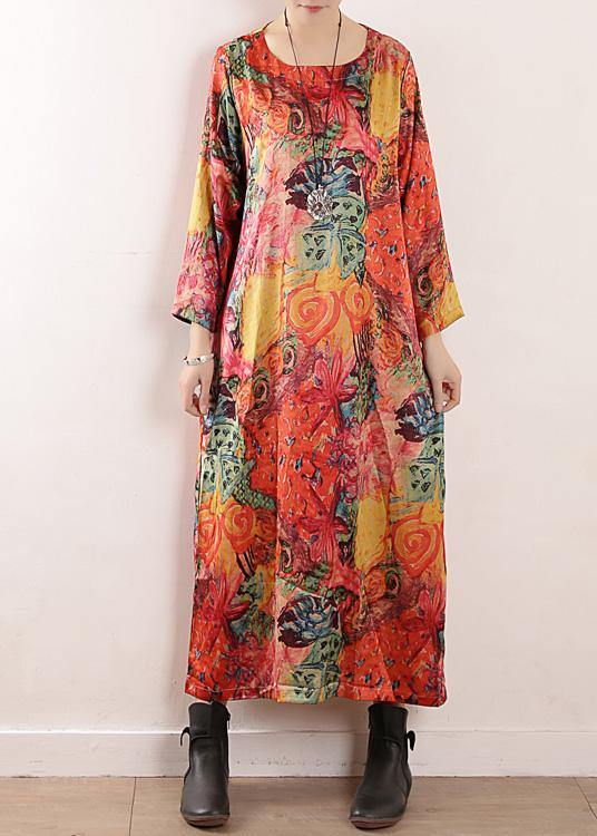 Handmade Orange Print Chiffon Robes Korea Wardrobes O Neck Maxi Fall Dresses
