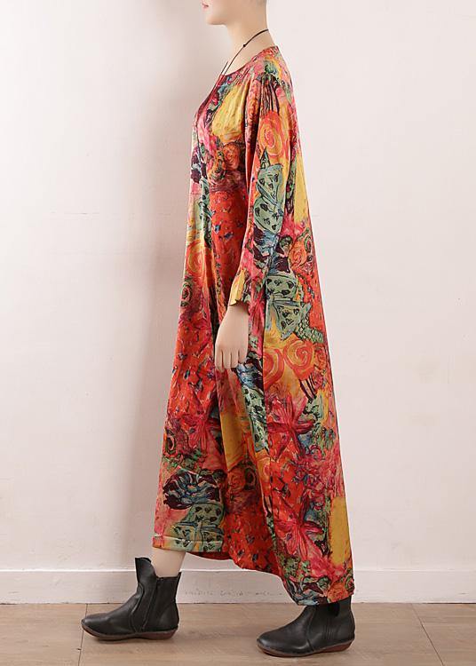 Handmade Orange Print Chiffon Robes Korea Wardrobes O Neck Maxi Fall Dresses