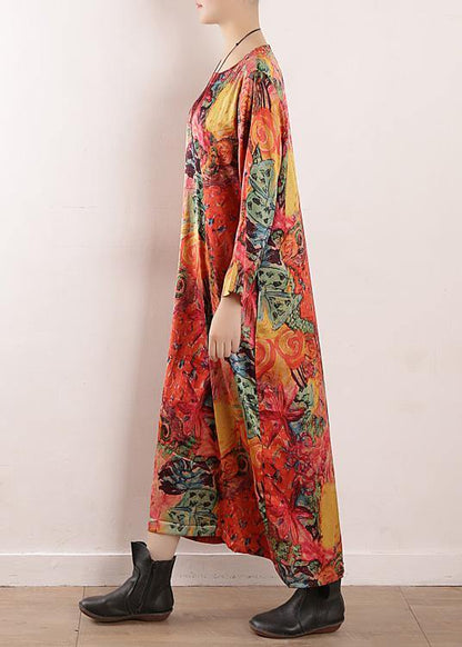 Handmade Orange Print Chiffon Robes Korea Wardrobes O Neck Maxi Fall Dresses