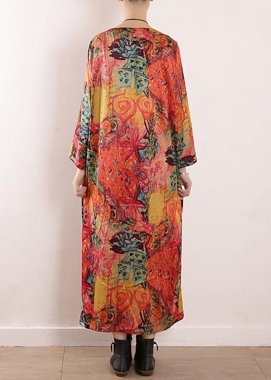 Handmade Orange Print Chiffon Robes Korea Wardrobes O Neck Maxi Fall Dresses