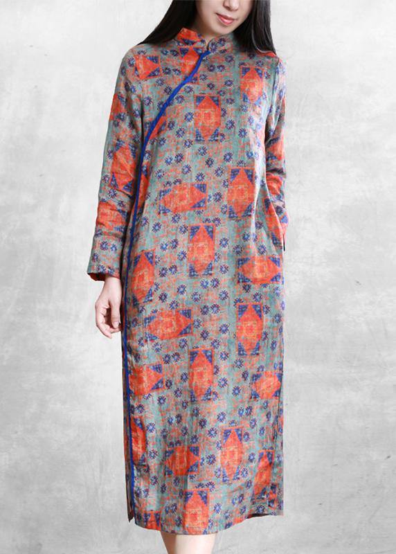 Handmade Orange Print Linen Clothes for Stand Collar Side Open Cotton Dresses