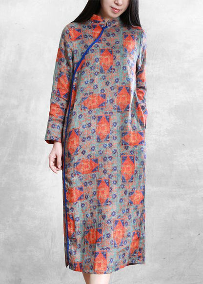 Handmade Orange Print Linen Clothes for Stand Collar Side Open Cotton Dresses