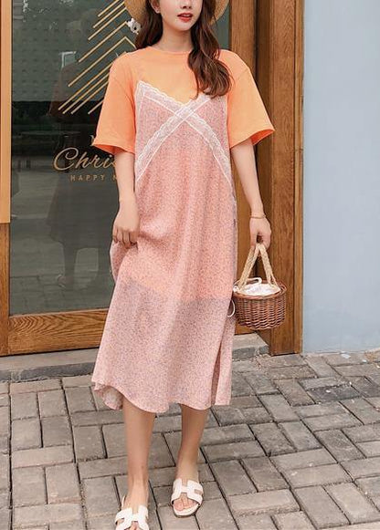 Handmade Orange Prints Chiffon Tunics Two Pieces Loose Summer Dress