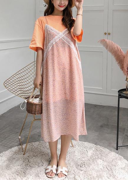 Handmade Orange Prints Chiffon Tunics Two Pieces Loose Summer Dress