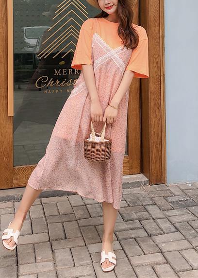 Handmade Orange Prints Chiffon Tunics Two Pieces Loose Summer Dress