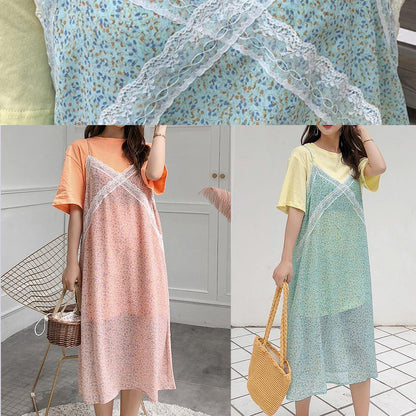 Handmade Orange Prints Chiffon Tunics Two Pieces Loose Summer Dress